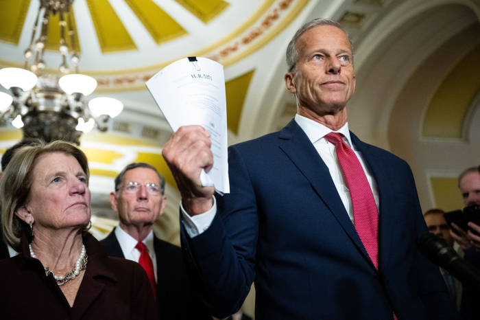 Senate Majority Leader John Thune (R., S.D.) during a news conference at the US Capitol.