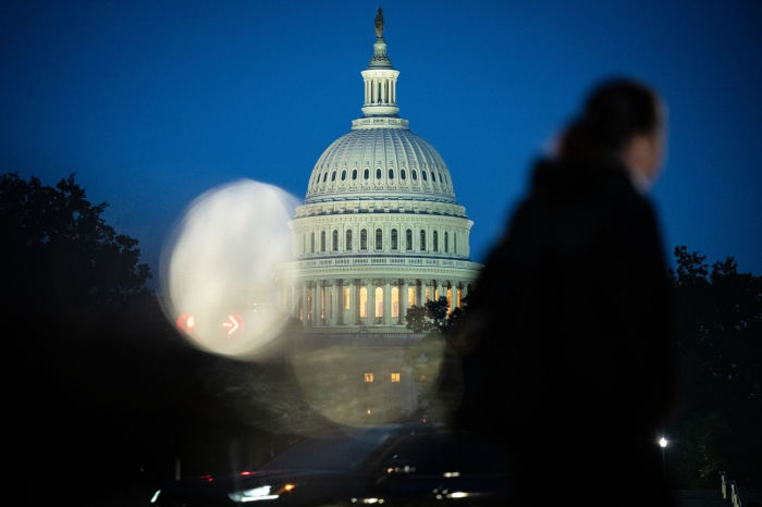 The U.S. Capitol building at dusk.