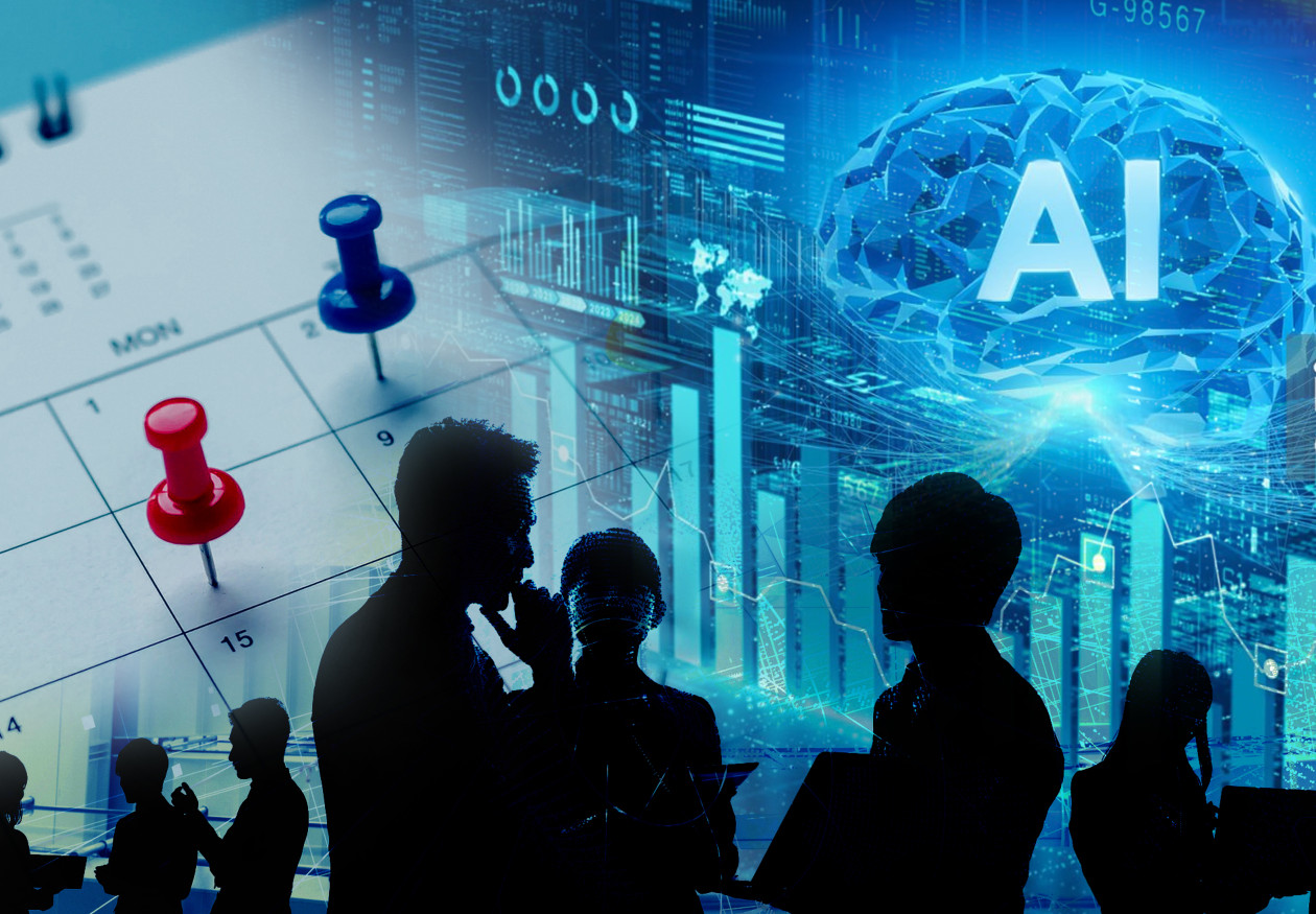 Collage of businesspeople silhouettes, a calendar with pins, and digital data with an AI brain.