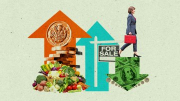 Collage of economic symbols: rising costs of food and currency, falling property value, and a woman walking with a briefcase.