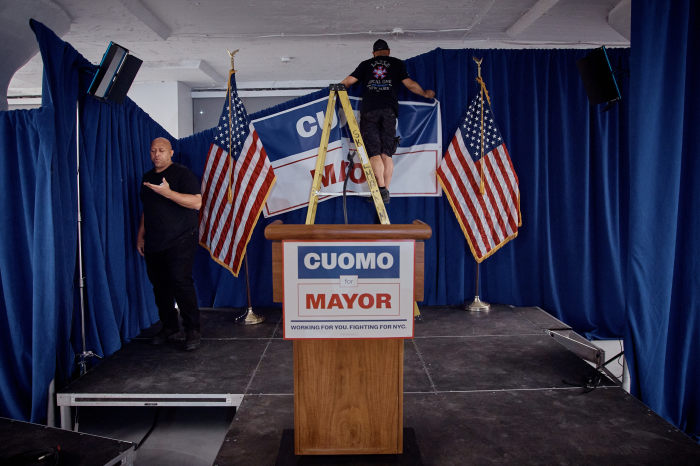 Workers at Andrew Cuomo's mayoral primary election-night watch party.