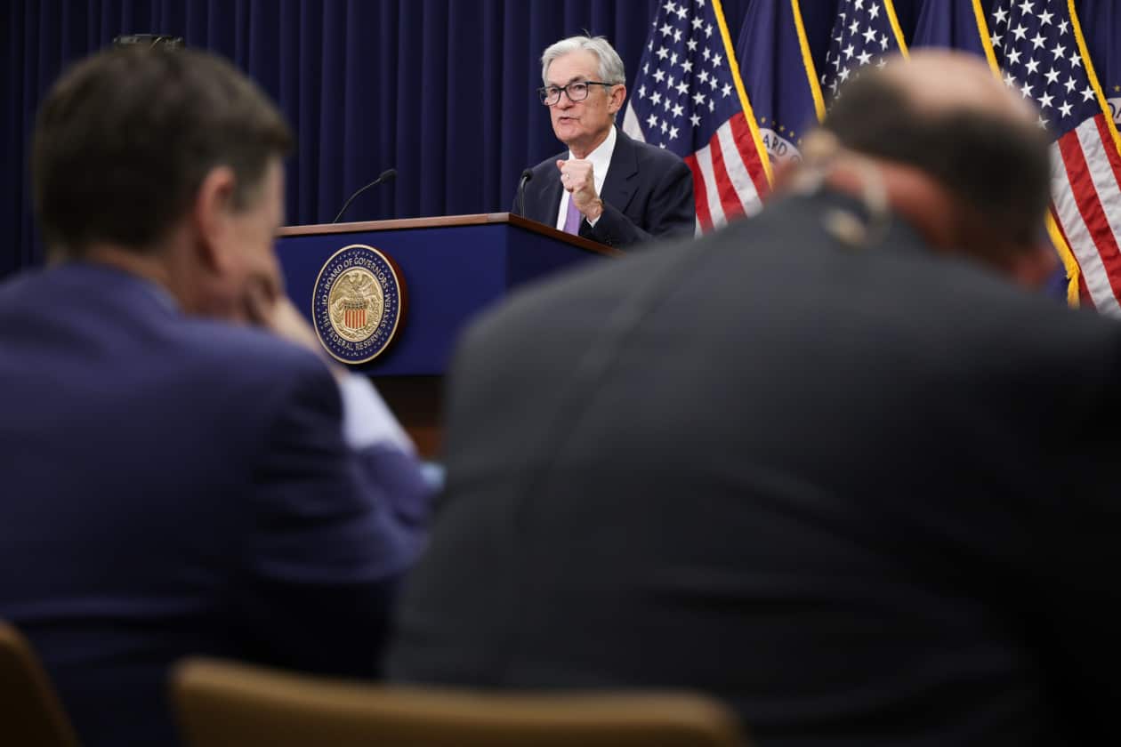 Federal Reserve Chair Jerome Powell speaks at a news conference.