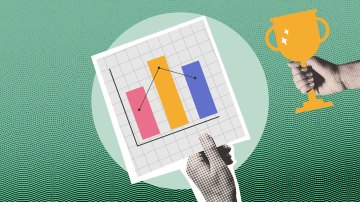 Illustration of a hand holding a trophy and another hand pointing to a bar chart with a line graph, symbolizing successful investments.