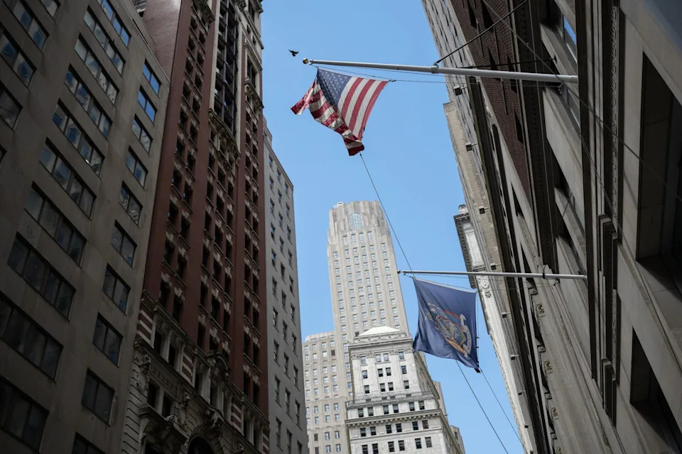 Buildings along Wall Street in New York, US.