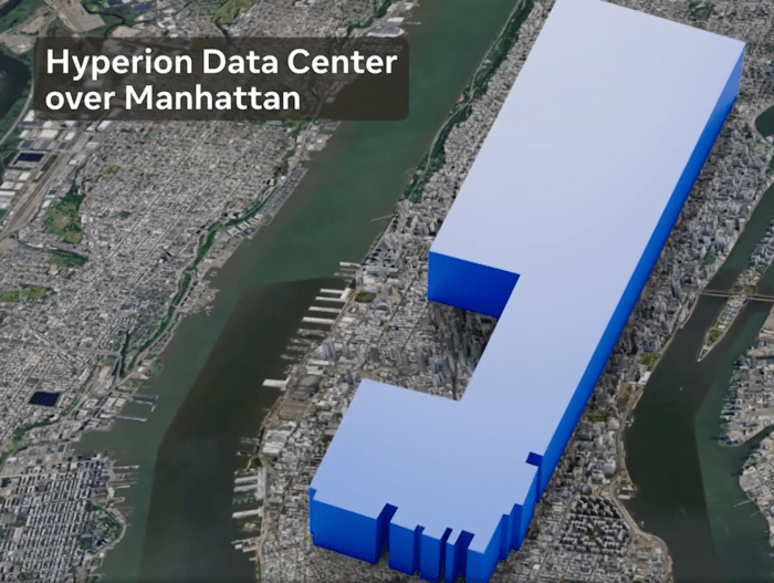 Illustration of the Hyperion Data Center superimposed over a map of Manhattan, highlighting its immense scale.