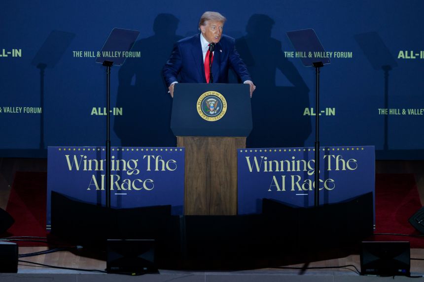 President Donald Trump speaks during the "Winning the AI Race" summit hosted by All‑In Podcast and Hill & Valley Forum at the Andrew W. Mellon Auditorium on July 23, in Washington, DC.