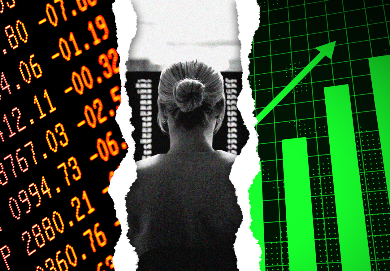 Illustration of a woman looking at financial data, with a stock ticker on the left and a bar graph with an upward arrow on the right.