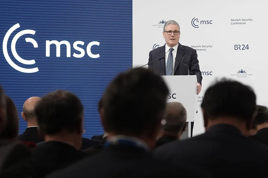 Keir Starmer delivers a speech at the Munich Security Conference, on Feb. 14.