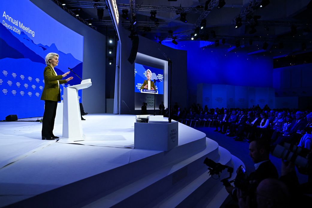 EU Commission President Ursula von der Leyen is pictured speaking at the World Economic Forum in Davos, Switzerland, in January 2026.