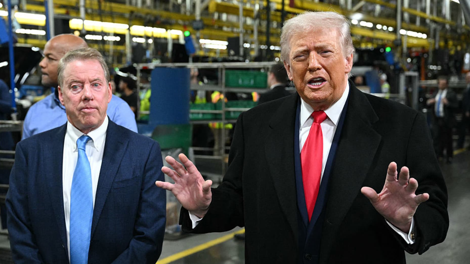 US President Donald Trump speaks alongside Ford executive chairman Bill Ford as he tours Ford Motor Company's River Rouge complex in Dearborn, Michigan, on January 13, 2026. (Photo by Mandel NGAN / AFP via Getty Images)