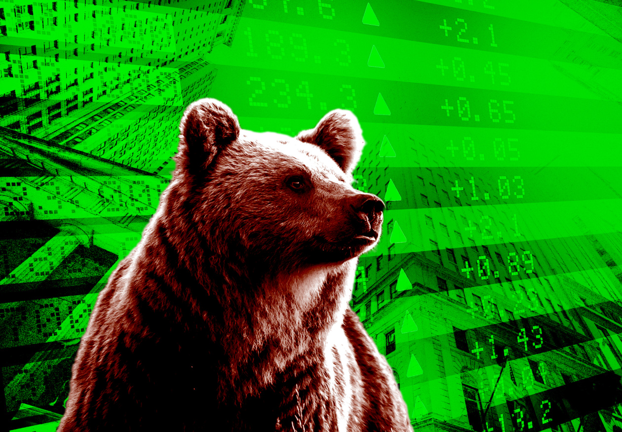 Collage of a bear superimposed on a background of green financial data and buildings.