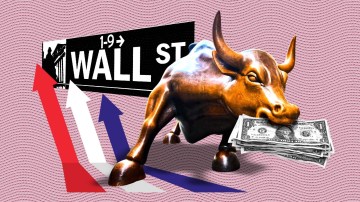 Illustration of the Wall Street Charging Bull with dollar bills, arrows, and a Wall Street sign.
