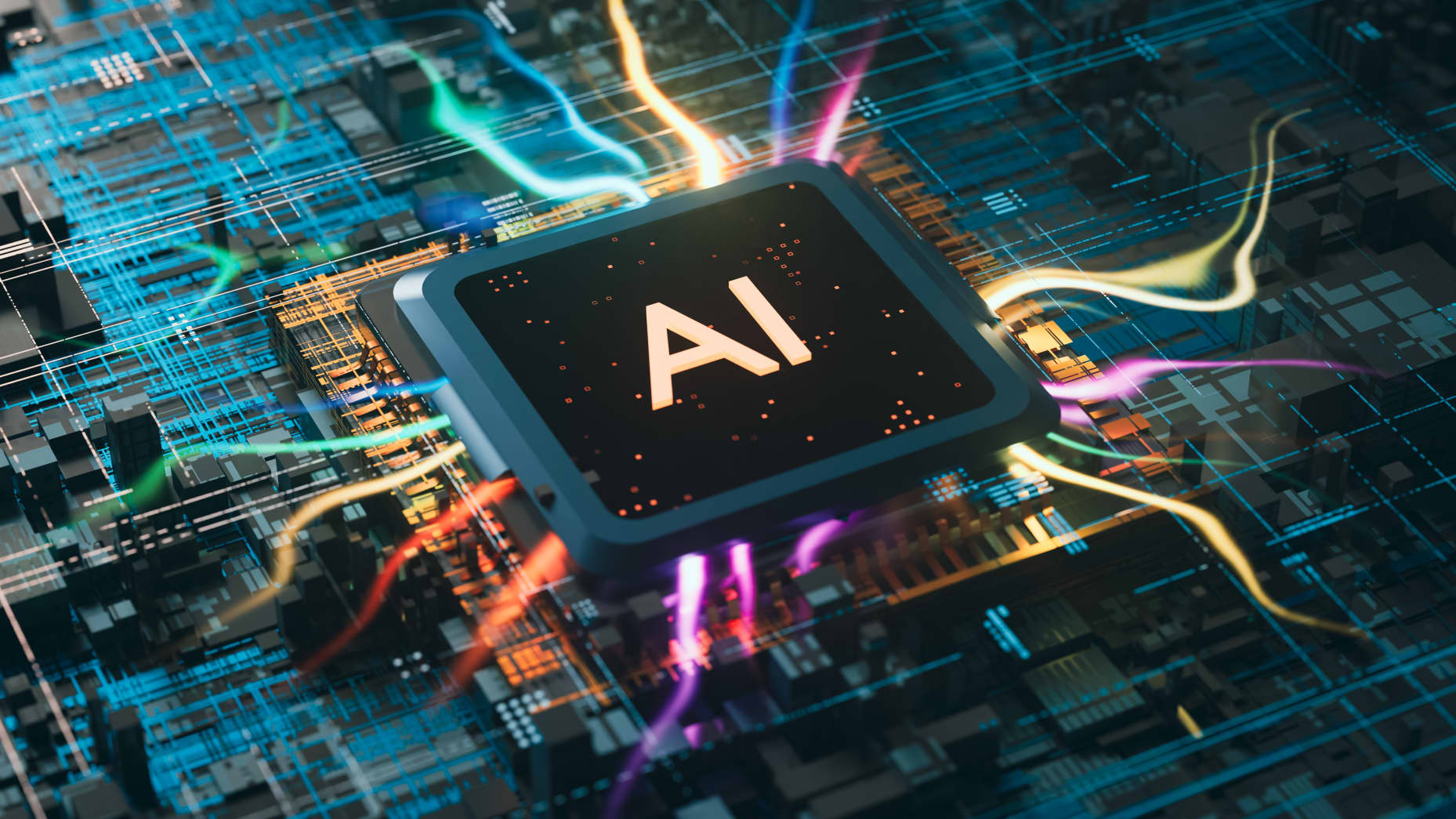 A generative artificial intelligence cpu that emits colorful light, 3d rendering