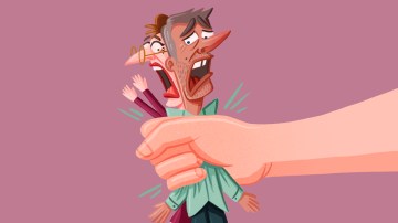 Illustration of a large hand crushing two people who are screaming.