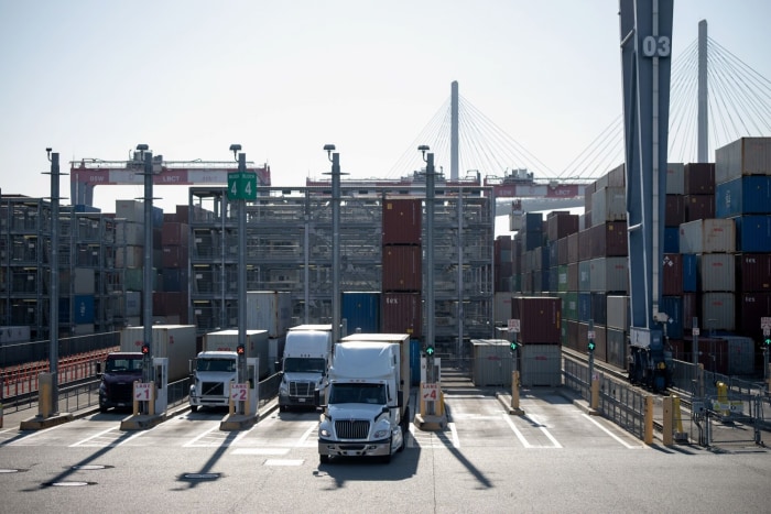 Tractor trailers at the Port of Long Beach in Long Beach, California.