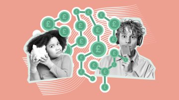 Illustration of a young girl with a piggy bank and a young man with a credit card, connected by a network of pound sterling symbols, representing different ways of managing money.