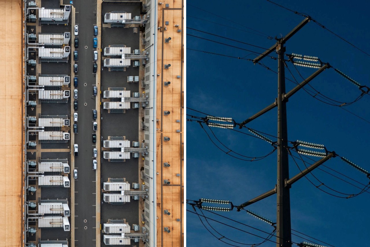 Collage of an aerial view of a parking lot with modular data centers and a power line against a blue sky.