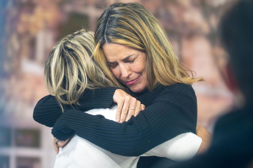 Savannah Guthrie hugs Dylan Dreyer during a visit to the “Today” show on Thursday.