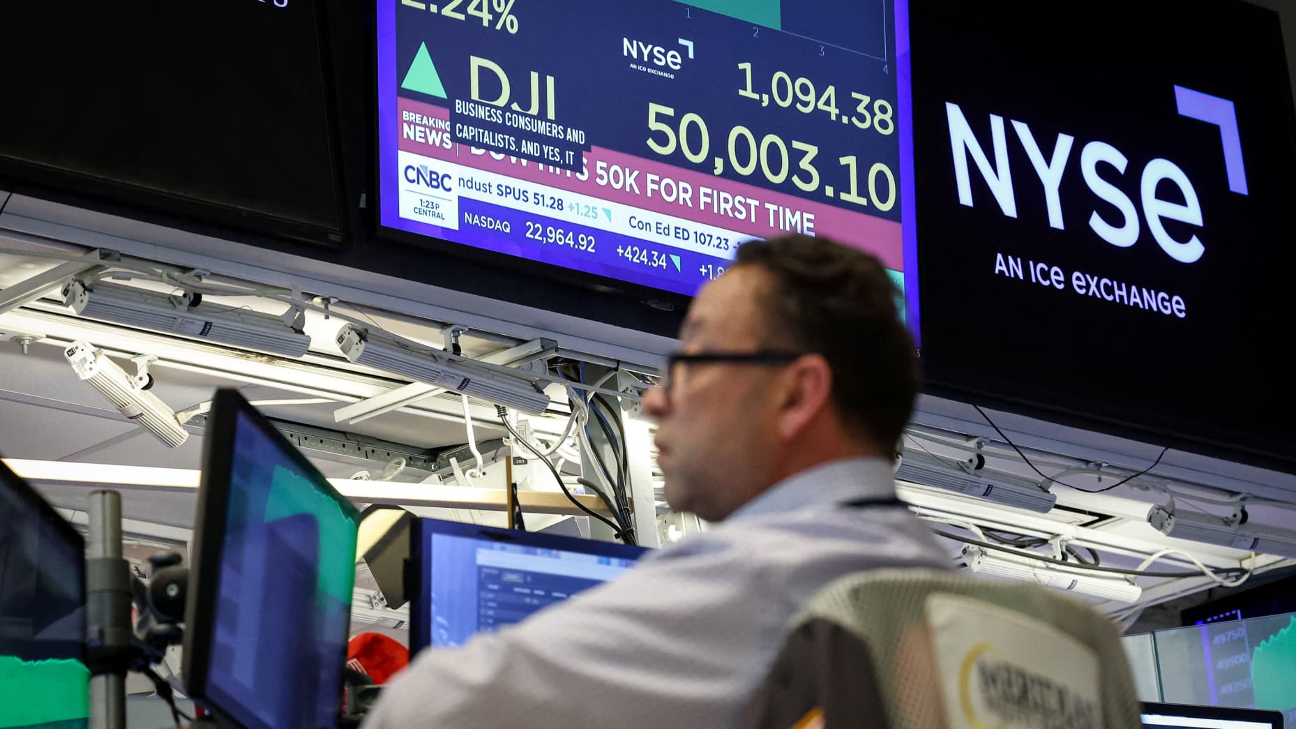 A trader works as the Dow Jones Industrial Average surpasses the 50,000 mark on the floor at the New York Stock Exchange (NYSE) in New York City, U.S., February 6, 2026.  REUTERS/Brendan McDermid