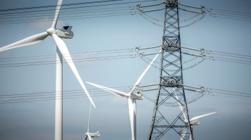 Wind turbines and electricity pylons in Scunthorpe, England.