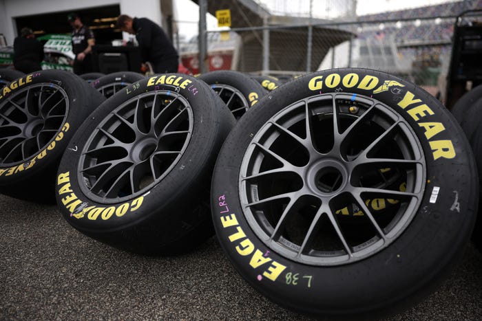 DAYTONA BEACH, FLORIDA - FEBRUARY 11: A general view of Goodyear Racing tires during practice for the NASCAR Cup Series Daytona 500 at Daytona International Speedway on February 11, 2026 in Daytona Beach, Florida. (Photo by James Gilbert/Getty Images)