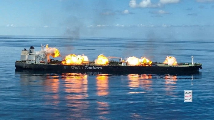 Explosions on the deck of the oil tanker Sounion on the Red Sea.