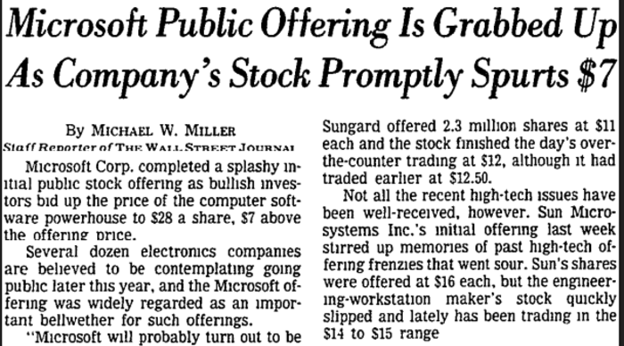 WSJ article from March 14, 1986, about Microsoft's IPO and stock performance.