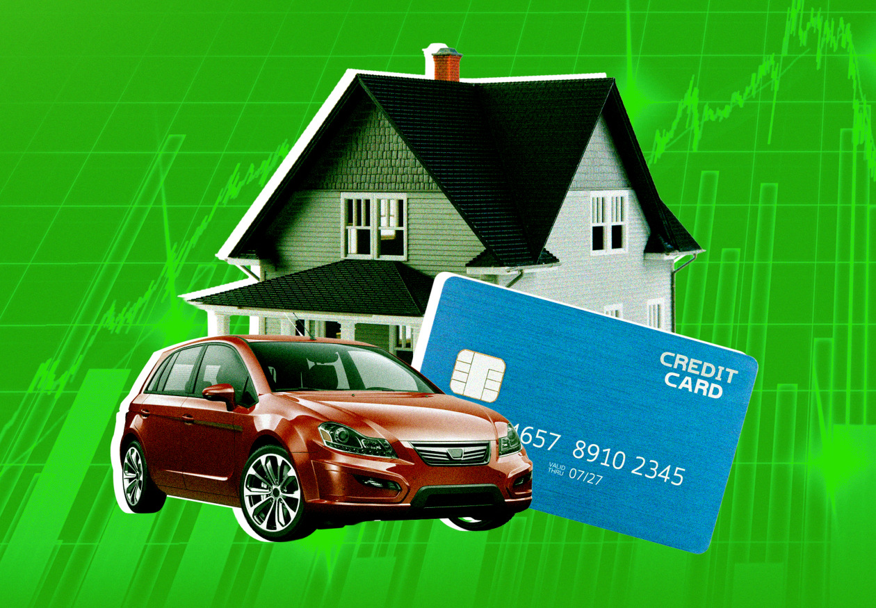 Collage of a house, car, and credit card over a green financial graph.