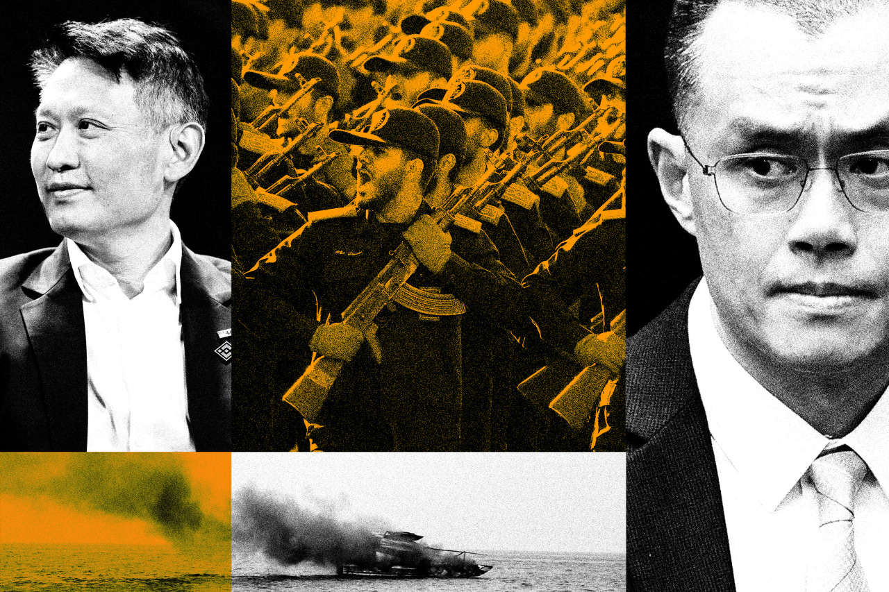 Collage of Binance CEOs Richard Teng and Changpeng Zhao, Iran’s Islamic Revolutionary Guard Corps soldiers, and an explosion during an IRGC military drill.