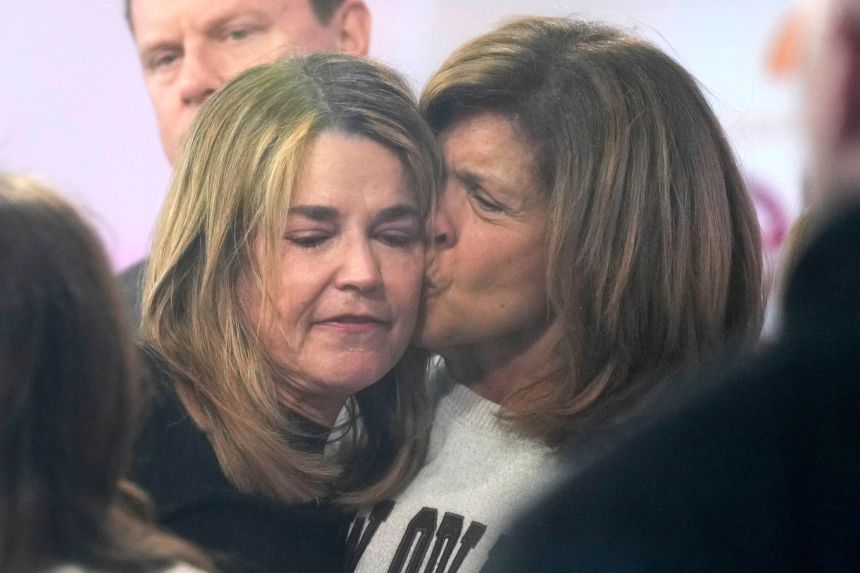 Savannah Guthrie, left, is embraced by Hoda Kotb during a visit to the “Today” show at Rockefeller Plaza on Thursday, March 5, 2026, in New York.