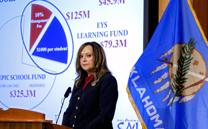 Cindy Byrd, Oklahoma's State Auditor & Inspector, speaking at a press conference
