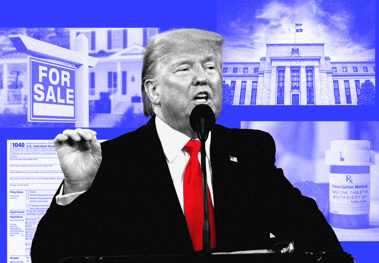 Collage of Donald Trump speaking, with a "For Sale" sign, a 1040 tax form, the Federal Reserve building, and a prescription bottle in the background, all in blue tones.