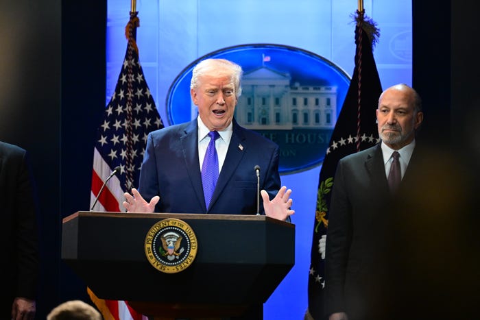EBRUARY 20: U.S. President Donald Trump speaks during a press briefing at the White House on February 20, 2026 in Washington, DC. The U.S. Supreme Court on February 20 ruled against Trump's use of emergency powers to implement international trade tariffs, a central portion of the administration's core economic