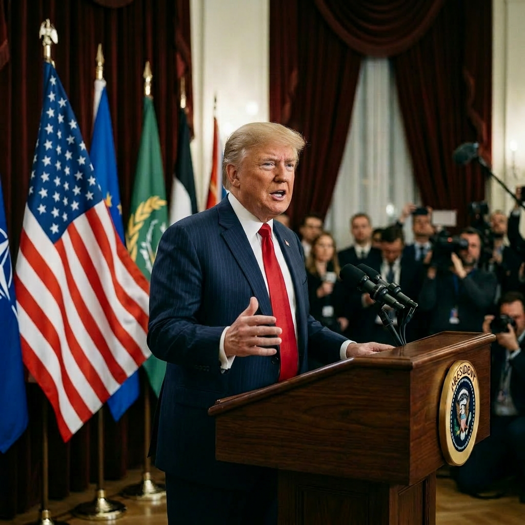 Man in suit speaking at presidential podium with international flags behind him