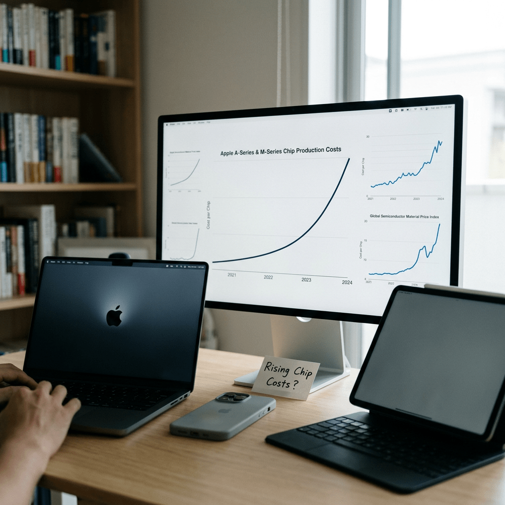 Computer screen displaying graphs of increasing Apple chip production costs from 2021 to 2024