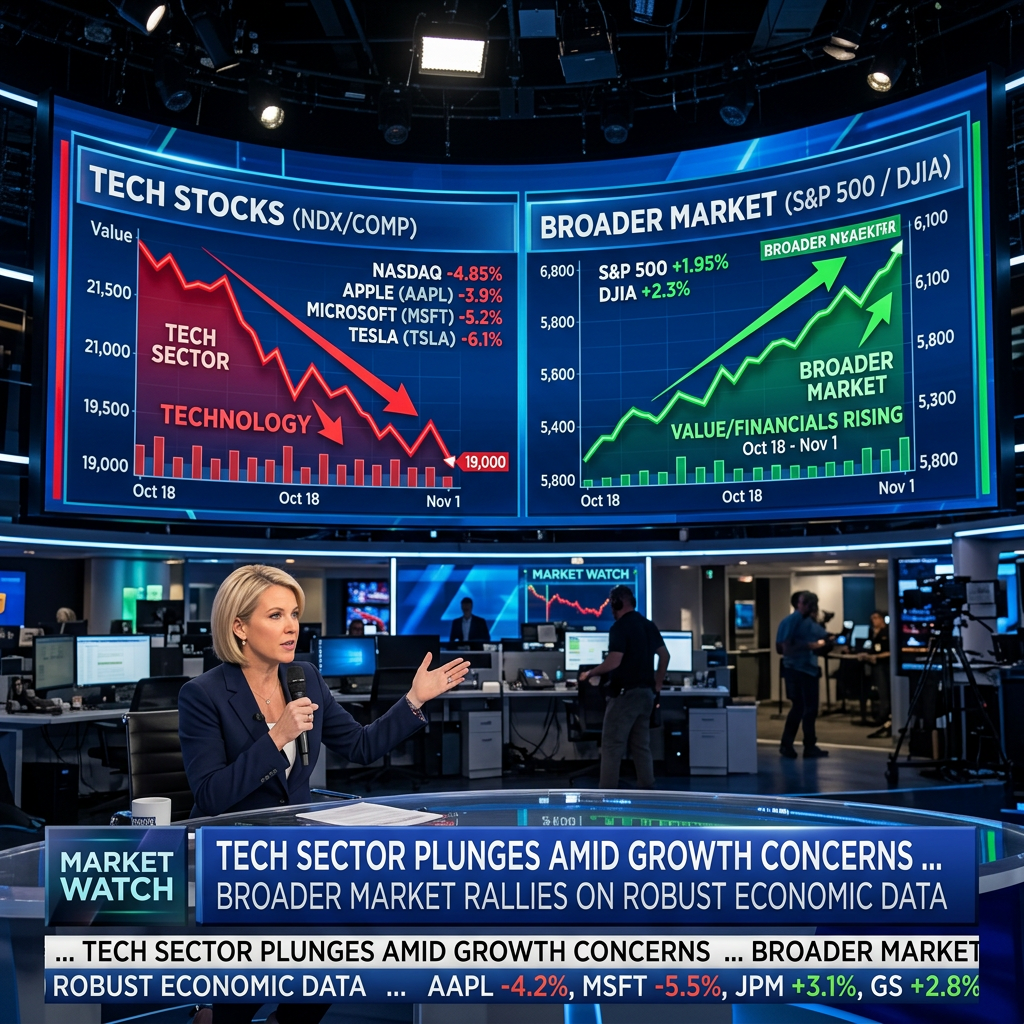 Charts showing tech sector decline and broader market rise with news anchor in studio