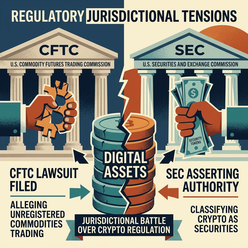 CFTC and SEC regulatory buildings with hands holding Bitcoin and security tokens above digital assets, highlighting jurisdictional battle