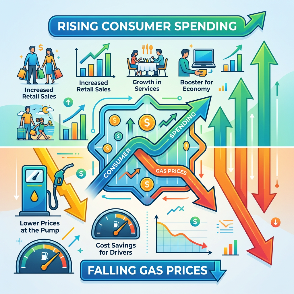 Infographic illustrating rising consumer spending due to falling gas prices with related charts and icons