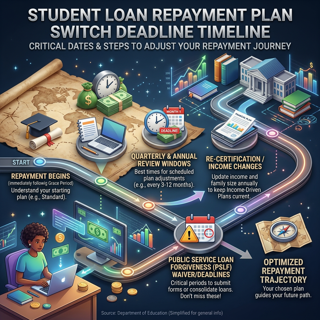 Student loan repayment timeline with key steps from graduation to final payment