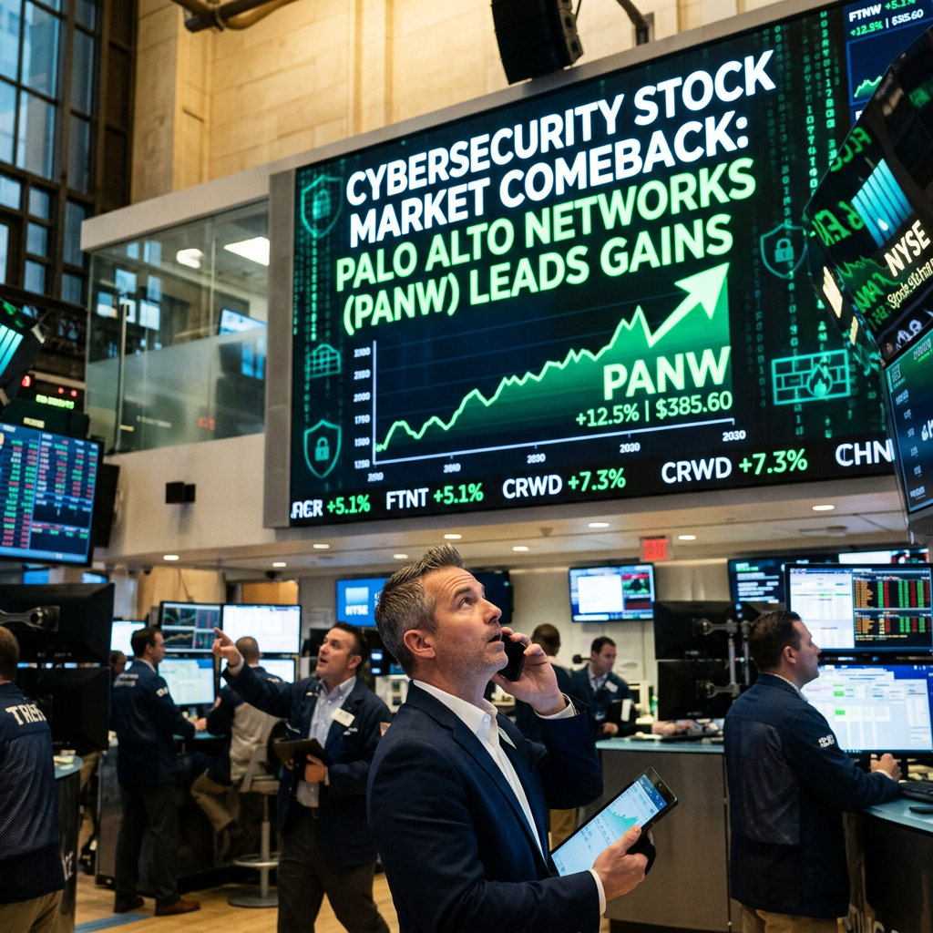 Stock market board showing Palo Alto Networks leading cybersecurity stock gains with traders