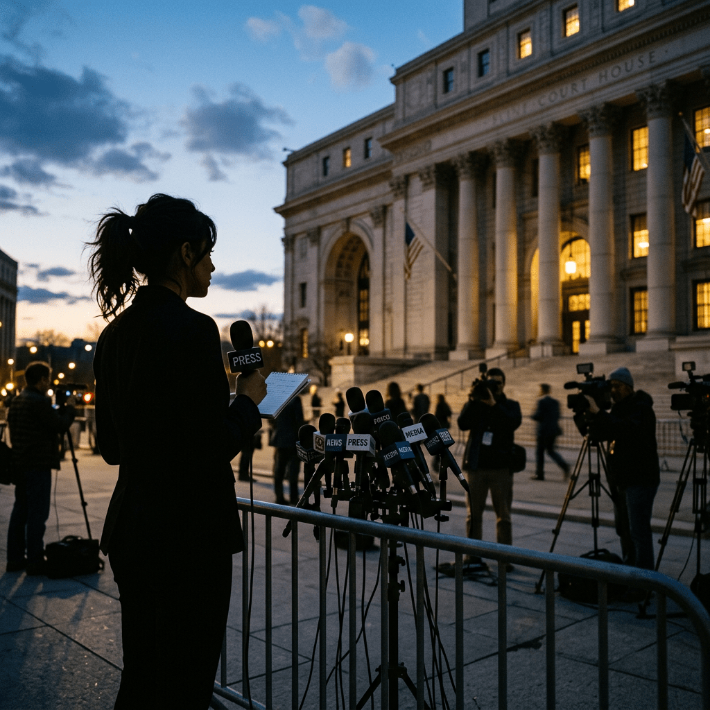 Reporter holding microphone and notepad standing by multiple microphones outside courthouse