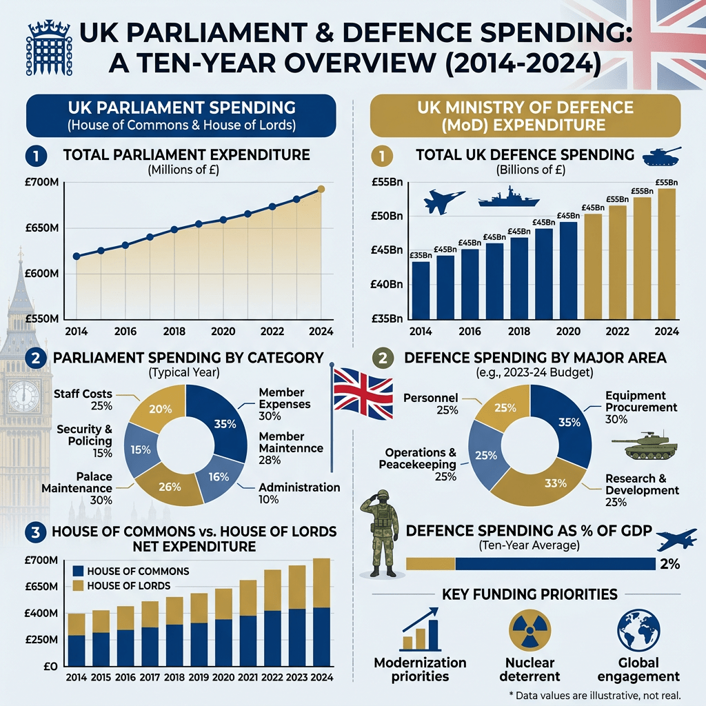 Charts and graphs showing UK Parliament and Ministry of Defence spending trends and breakdowns from 2014 to 2024.