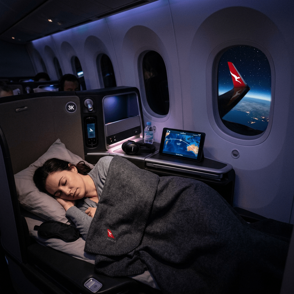 Passenger sleeping in lie-flat seat with blanket on airplane at night.