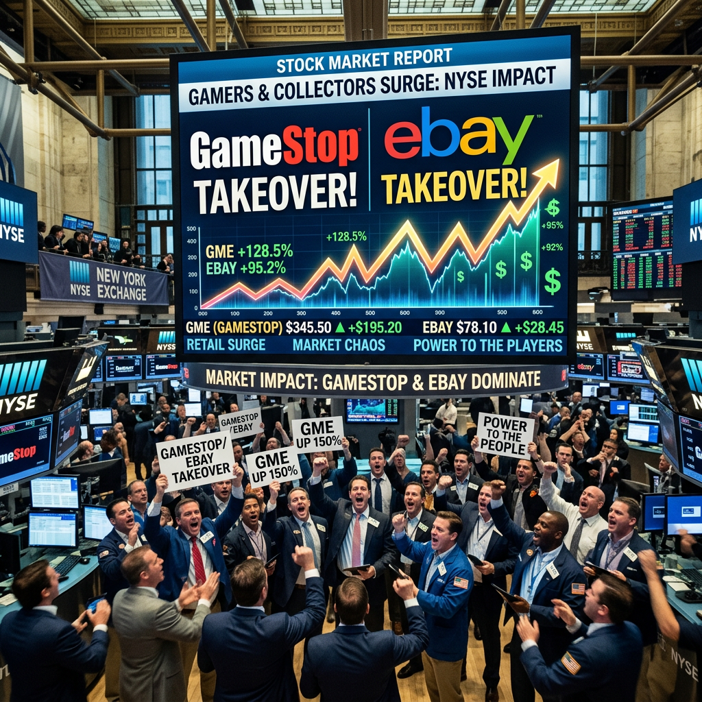 NYSE traders celebrating amid large screen showing GameStop and eBay stock surge