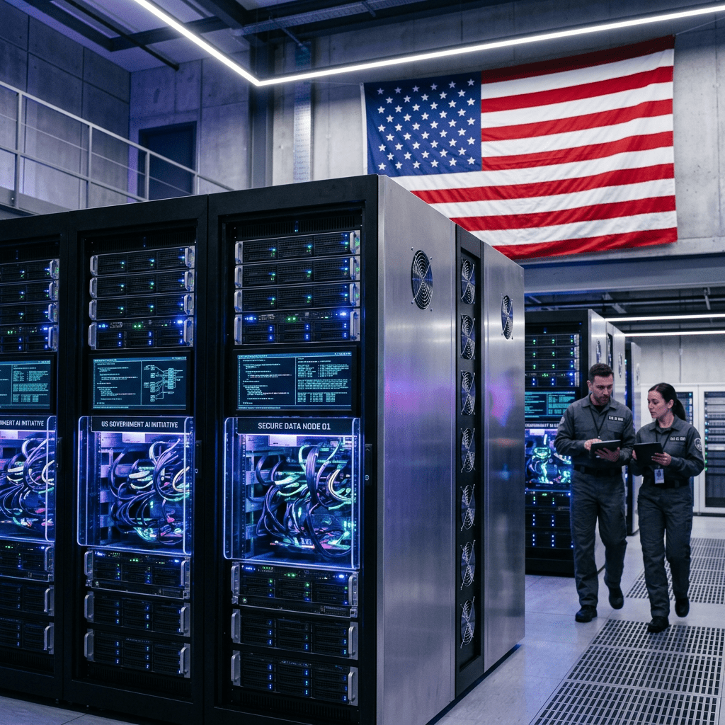 Technicians standing by server racks labeled US government AI initiative and secure data node in data center