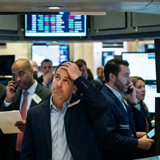 Traders watching a large screen showing major AI stocks in a selloff with a downward trending NASDAQ composite chart