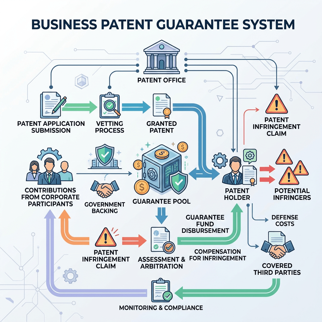 Flowchart of business patent guarantee system showing application, vetting, granting, infringement claims, guarantee pool, arbitration, and compliance