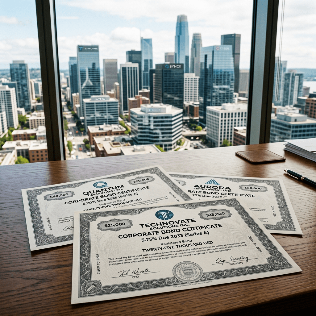 Three corporate bond certificates from Quantum Ltd, Aurora Semiconductors, and Technovate Solutions on a desk with a city view