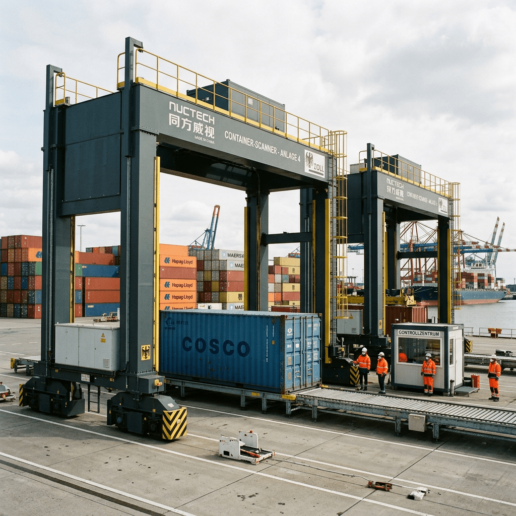 Large container scanner machine inspecting COSCO shipping container at port with workers monitoring