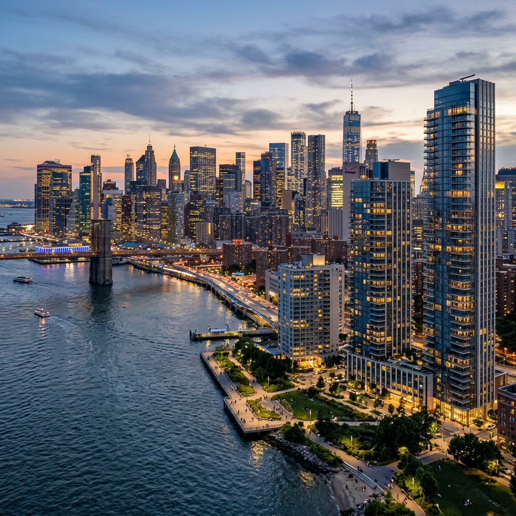 Manhattan skyline at dusk with lit skyscrapers, waterfront, and Brooklyn Bridge.